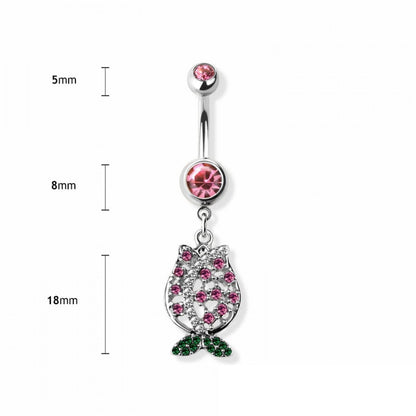 Pink CZ Crystal Paved Tulip Flower Dangling Belly Button Ring - 316L Stainless Steel