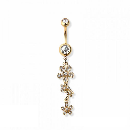 CZ Crystal Paved Dangling Daisies Belly Button Ring - 316L Stainless Steel