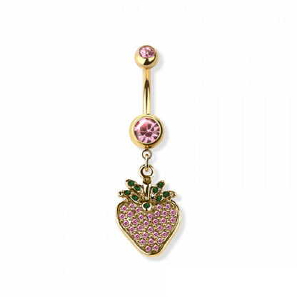 Pink CZ Crystal Strawberry Dangling Belly Button Ring - 316L Stainless Steel