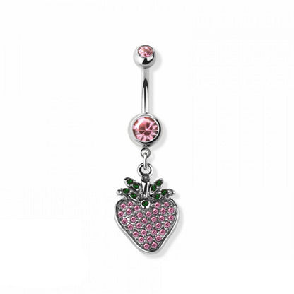 Pink CZ Crystal Strawberry Dangling Belly Button Ring - 316L Stainless Steel