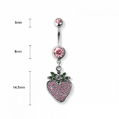 Pink CZ Crystal Strawberry Dangling Belly Button Ring - 316L Stainless Steel