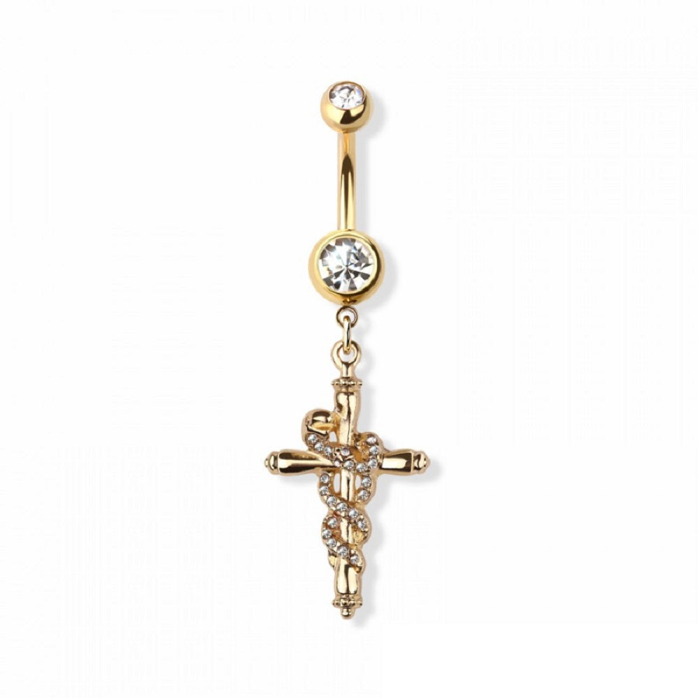 CZ Crystal Cross with Snake Dangling Belly Button Ring - 316L Stainless Steel