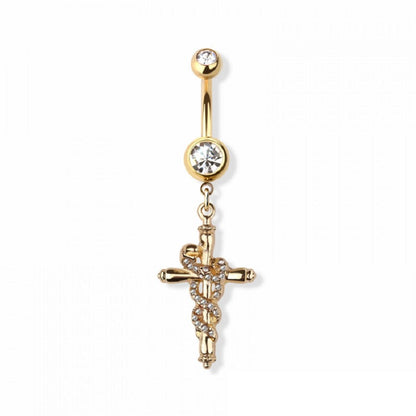 CZ Crystal Cross with Snake Dangling Belly Button Ring - 316L Stainless Steel