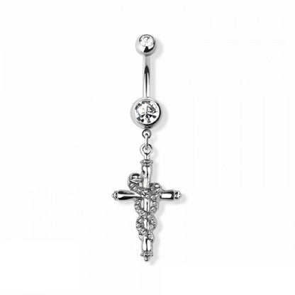 CZ Crystal Cross with Snake Dangling Belly Button Ring - 316L Stainless Steel