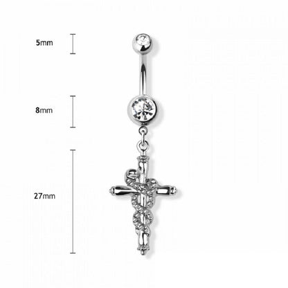 CZ Crystal Cross with Snake Dangling Belly Button Ring - 316L Stainless Steel