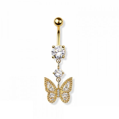 CZ Crystal Butterfly Dangling Belly Button Ring - 316L Stainless Steel