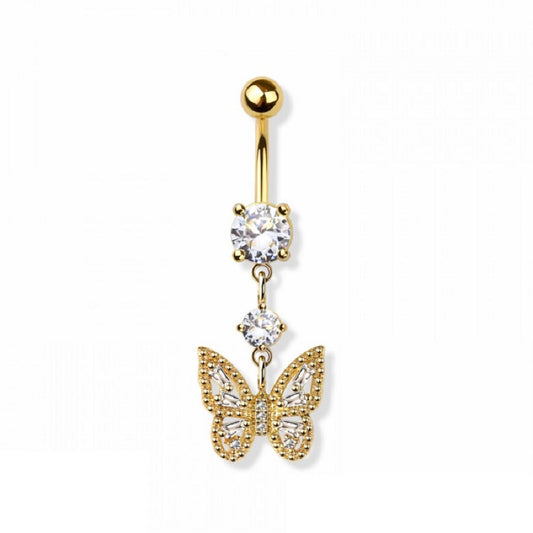 CZ Crystal Butterfly Dangling Belly Button Ring - 316L Stainless Steel