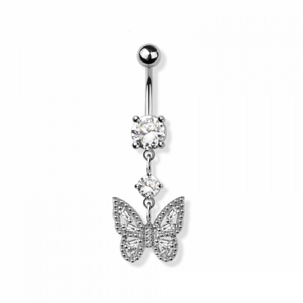 CZ Crystal Butterfly Dangling Belly Button Ring - 316L Stainless Steel