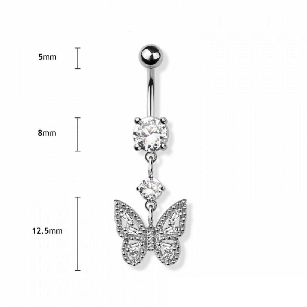 CZ Crystal Butterfly Dangling Belly Button Ring - 316L Stainless Steel