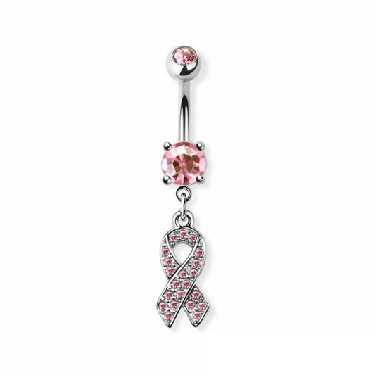 CZ Crystal Pink Breast Cancer Awareness Ribbon Dangling Belly Button Ring - 316L Stainless Steel