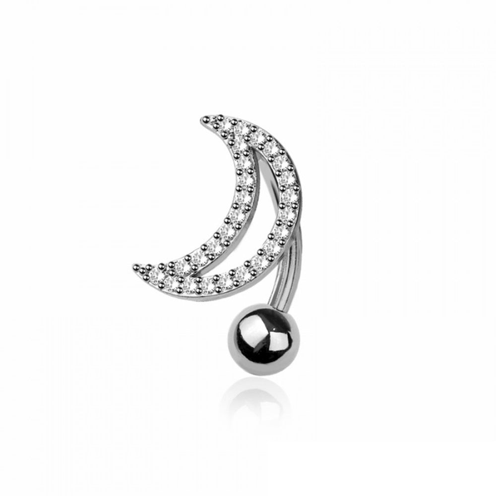 CZ Crystal Crescent Moon Reverse Belly Button Ring - 316L Stainless Steel