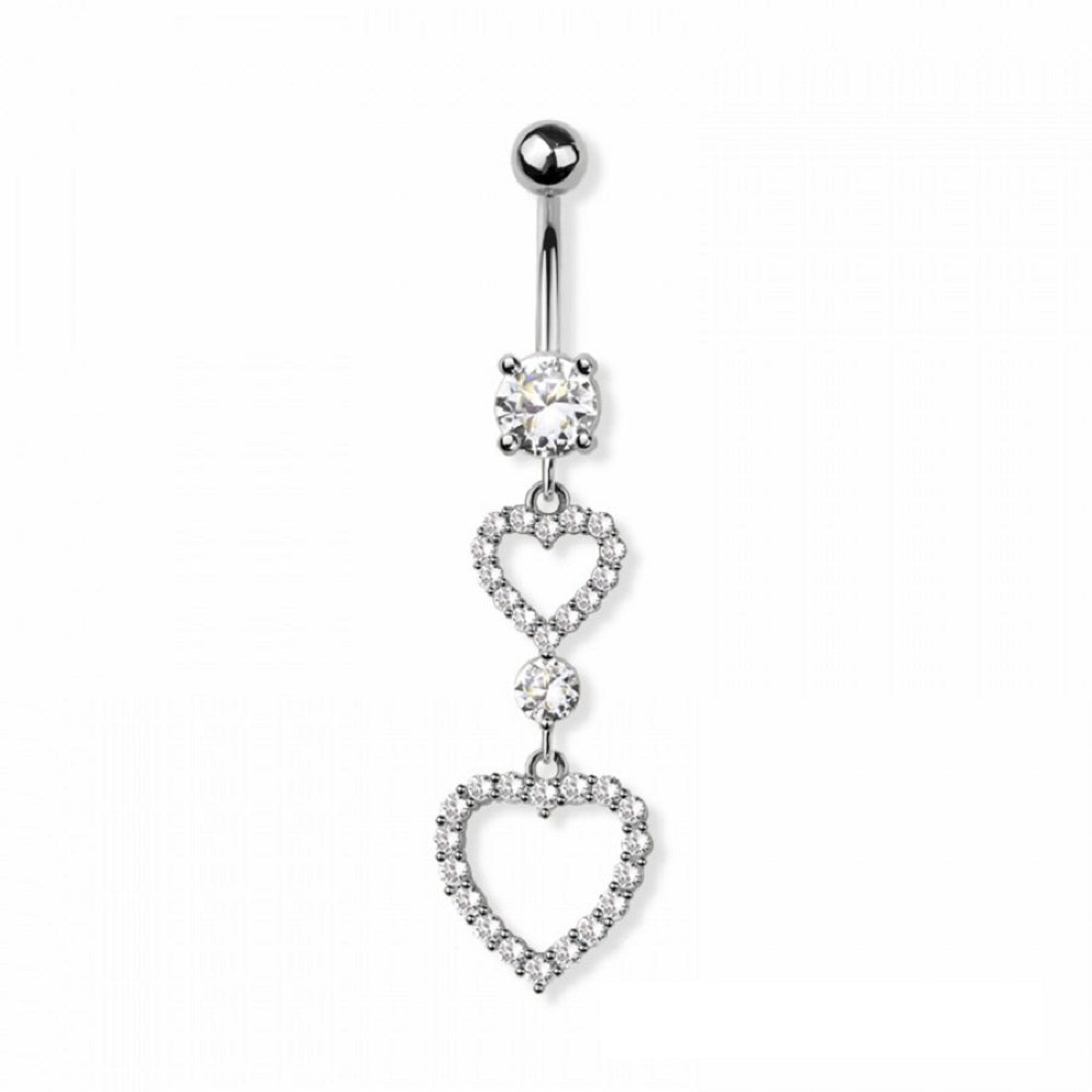 CZ Crystal Double Heart Outline Dangling Belly Button Ring - 316L Stainless Steel