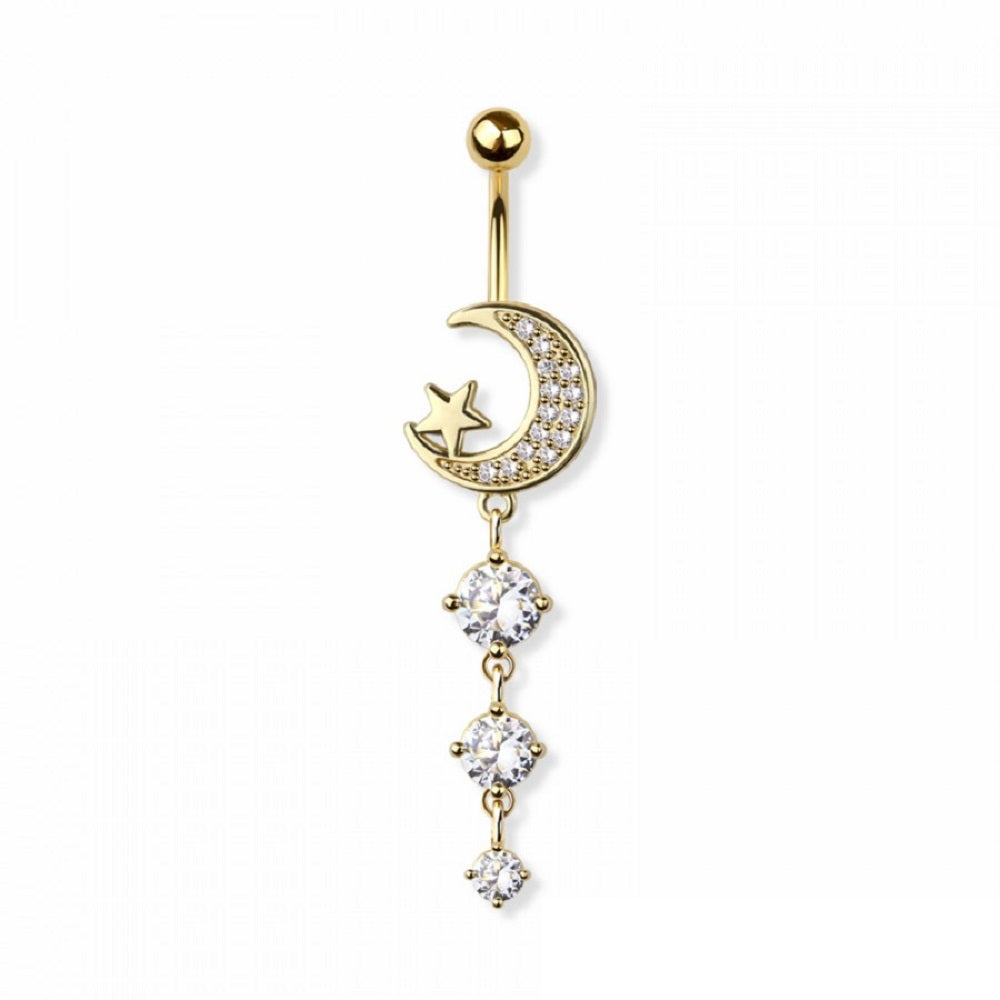Crescent Moon with Triple Dangling CZ Crystals Belly Button Ring - 316L Stainless Steel