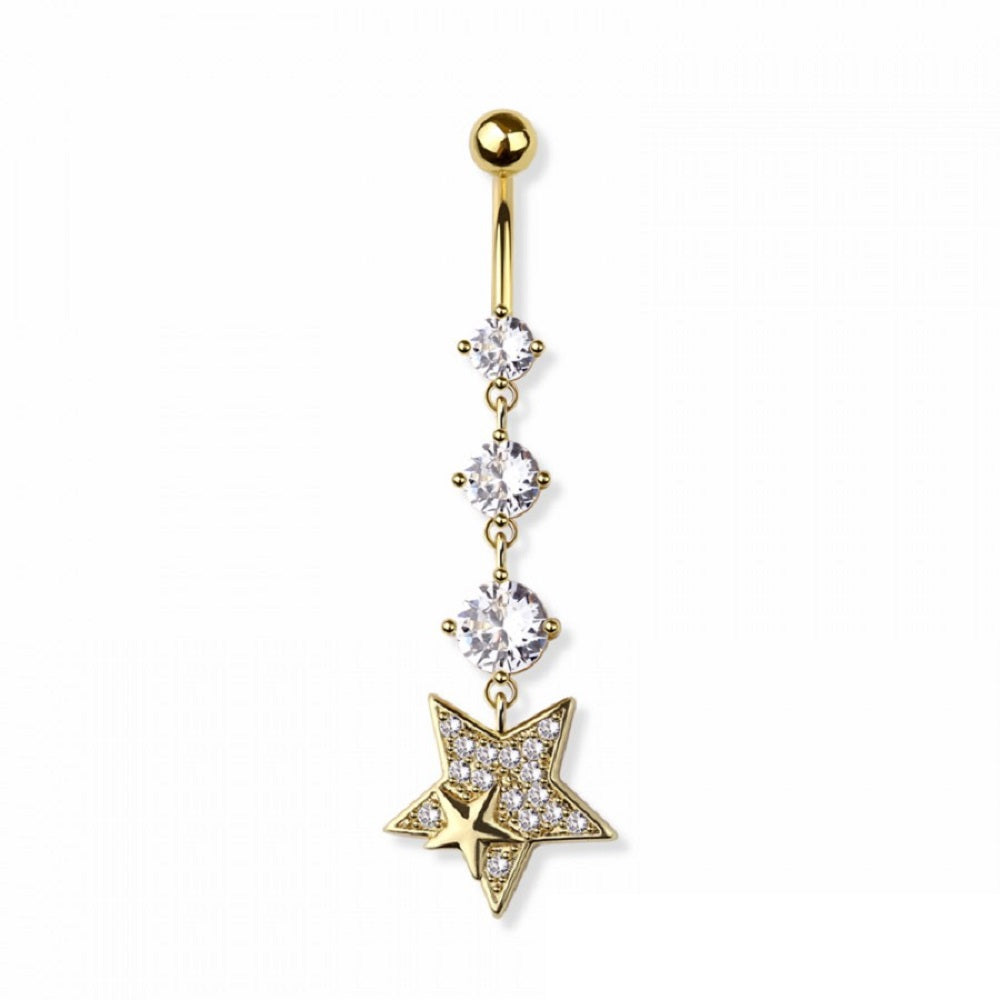 Triple CZ Crystal and Star Dangling Belly Button Ring - 316L Stainless Steel