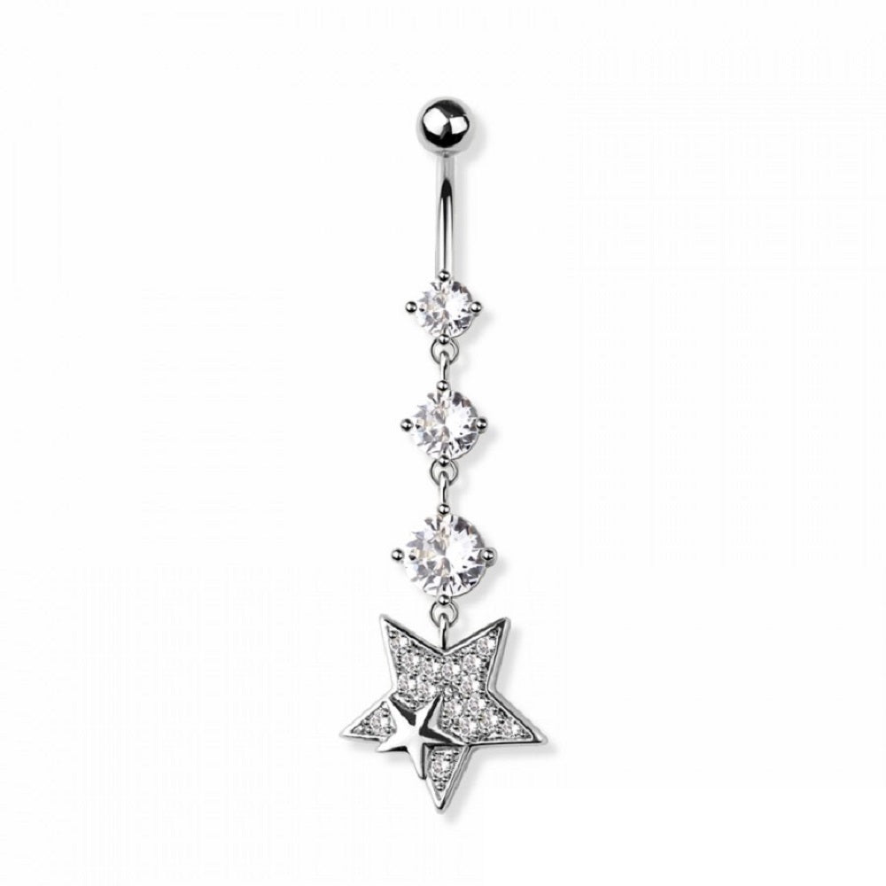 Triple CZ Crystal and Star Dangling Belly Button Ring - 316L Stainless Steel