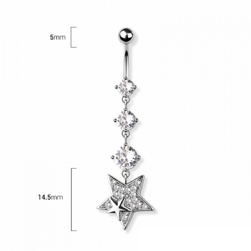 Triple CZ Crystal and Star Dangling Belly Button Ring - 316L Stainless Steel