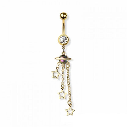 Planet with Triple Chain Dangling Stars Belly Button Ring - 316L Stainless Steel