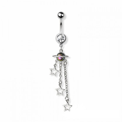 Planet with Triple Chain Dangling Stars Belly Button Ring - 316L Stainless Steel