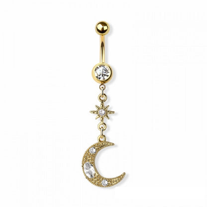 CZ Crystal Crescent Moon with Sunburst Dangling Belly Button Ring - 316L Stainless Steel