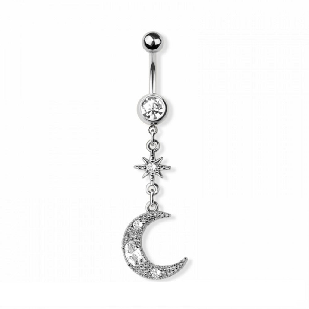 CZ Crystal Crescent Moon with Sunburst Dangling Belly Button Ring - 316L Stainless Steel