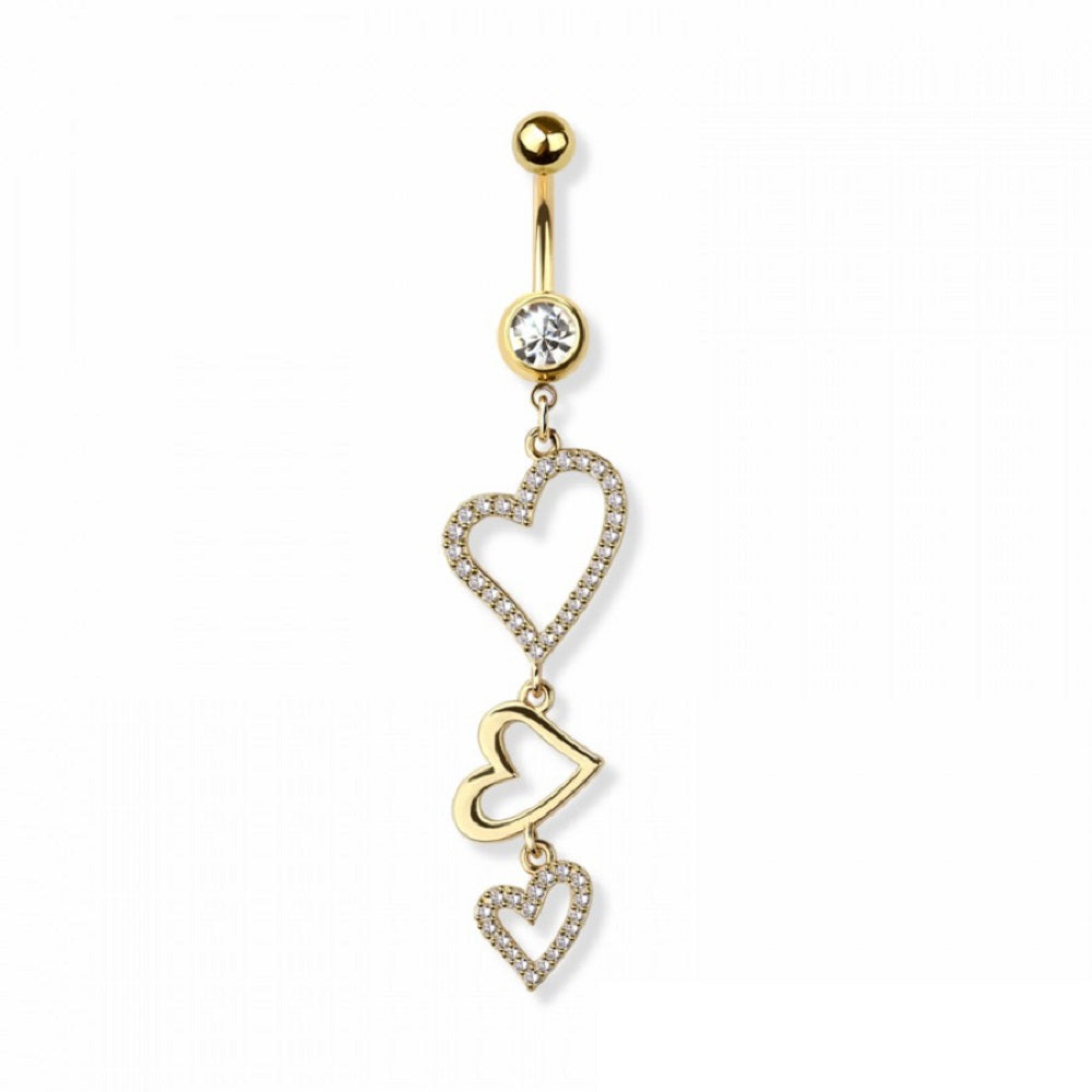 CZ Crystal Triple Heart Outline Dangling Belly Button Ring - 316L Stainless Steel