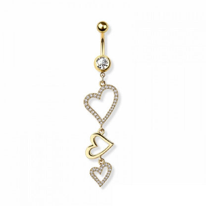 CZ Crystal Triple Heart Outline Dangling Belly Button Ring - 316L Stainless Steel