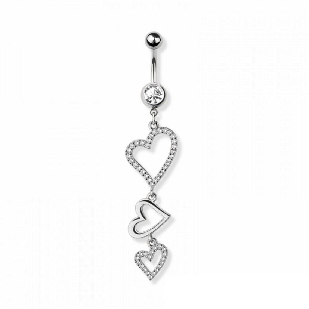 CZ Crystal Triple Heart Outline Dangling Belly Button Ring - 316L Stainless Steel