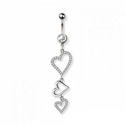 CZ Crystal Triple Heart Outline Dangling Belly Button Ring - 316L Stainless Steel