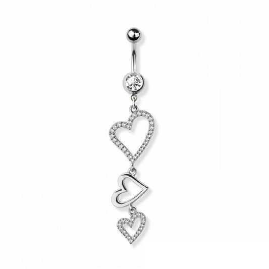 CZ Crystal Triple Heart Outline Dangling Belly Button Ring - 316L Stainless Steel