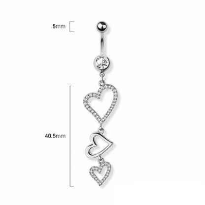 CZ Crystal Triple Heart Outline Dangling Belly Button Ring - 316L Stainless Steel