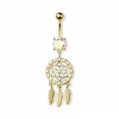 Aurora Borealis CZ Crystal Dreamcatcher Dangling Belly Button Ring - 316L Stainless Steel