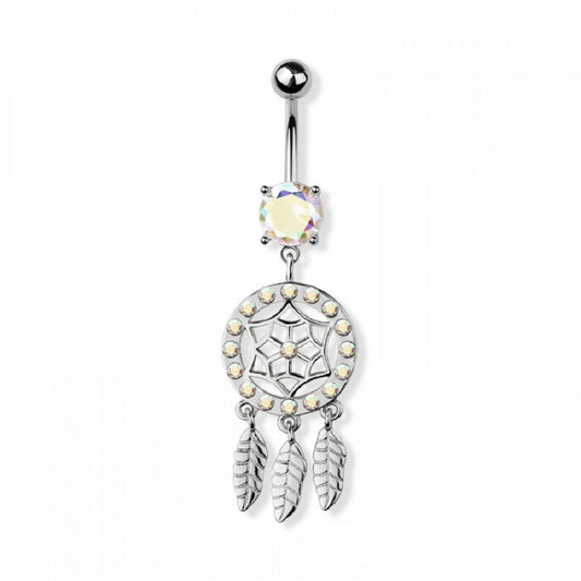 Aurora Borealis CZ Crystal Dreamcatcher Dangling Belly Button Ring - 316L Stainless Steel