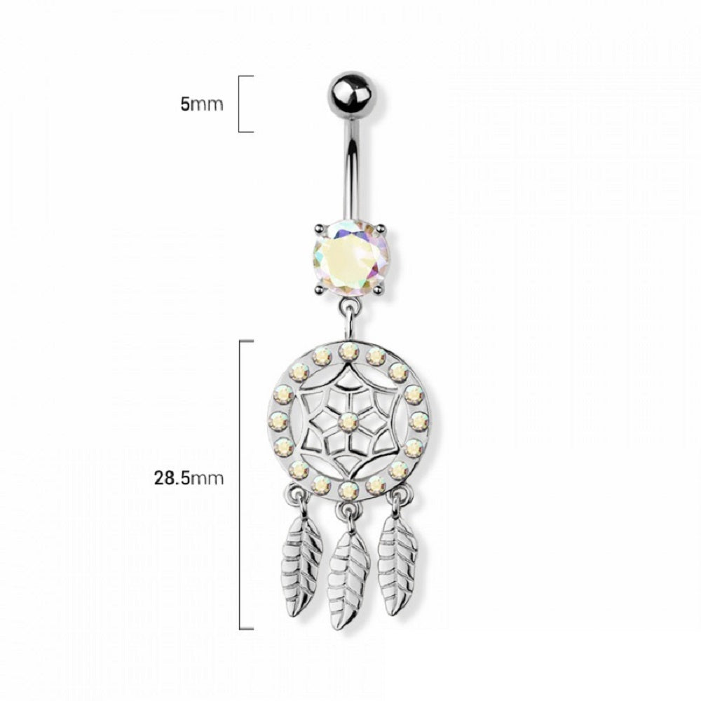 Aurora Borealis CZ Crystal Dreamcatcher Dangling Belly Button Ring - 316L Stainless Steel