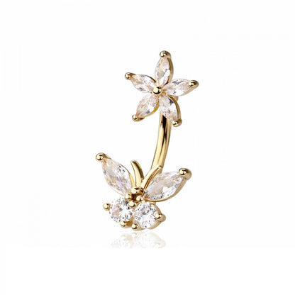 CZ Crystal Flower and Butterfly Belly Button Ring - 316L Stainless Steel