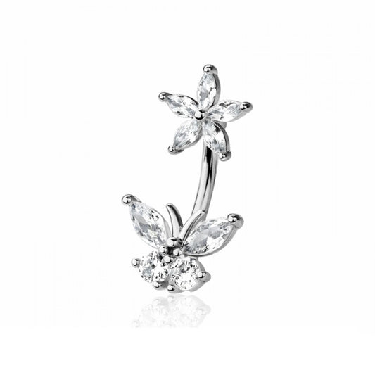 CZ Crystal Flower and Butterfly Belly Button Ring - 316L Stainless Steel