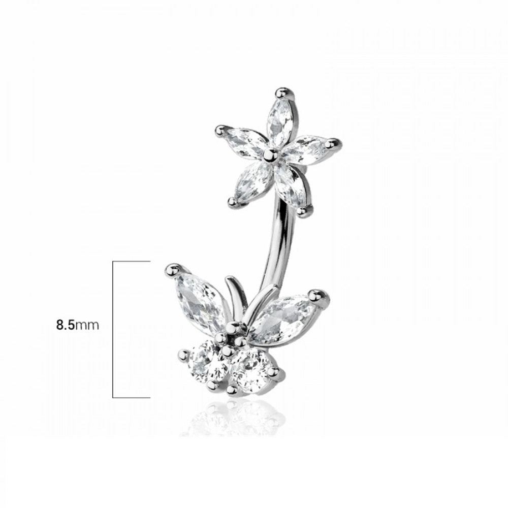 CZ Crystal Flower and Butterfly Belly Button Ring - 316L Stainless Steel