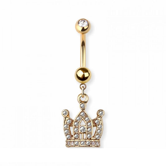 CZ Crystal Crown Dangling Belly Button Ring - 316L Stainless Steel