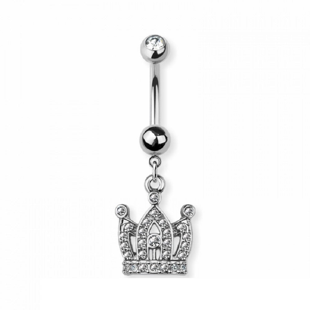 CZ Crystal Crown Dangling Belly Button Ring - 316L Stainless Steel