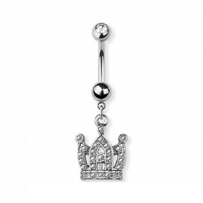 CZ Crystal Crown Dangling Belly Button Ring - 316L Stainless Steel