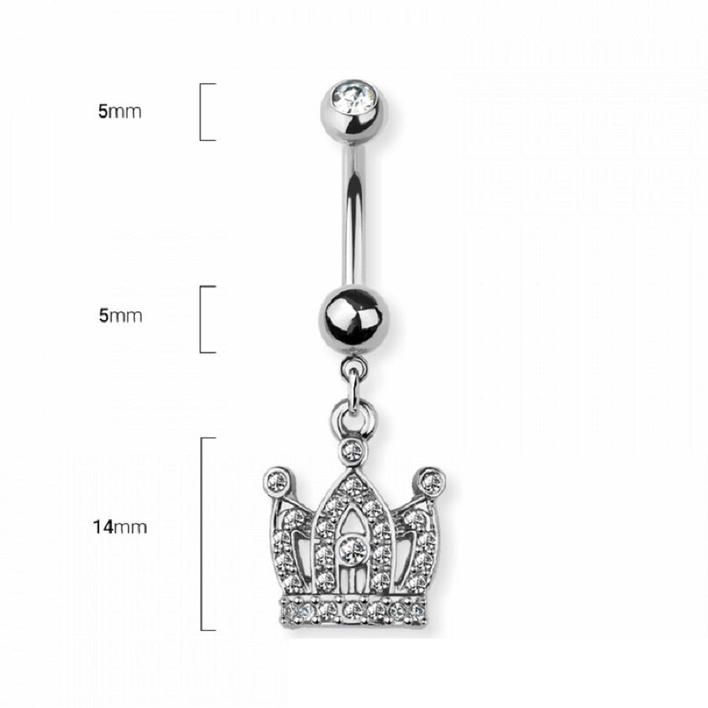 CZ Crystal Crown Dangling Belly Button Ring - 316L Stainless Steel