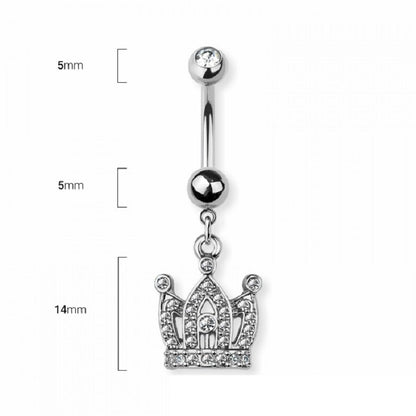 CZ Crystal Crown Dangling Belly Button Ring - 316L Stainless Steel