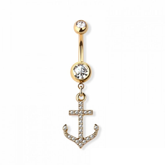 CZ Crystal Anchor Dangling Belly Button Ring - 316L Stainless Steel