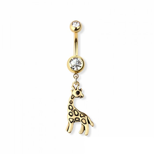 CZ Crystal Giraffe Dangling Belly Button Ring - Gold Plated 316L Stainless Steel