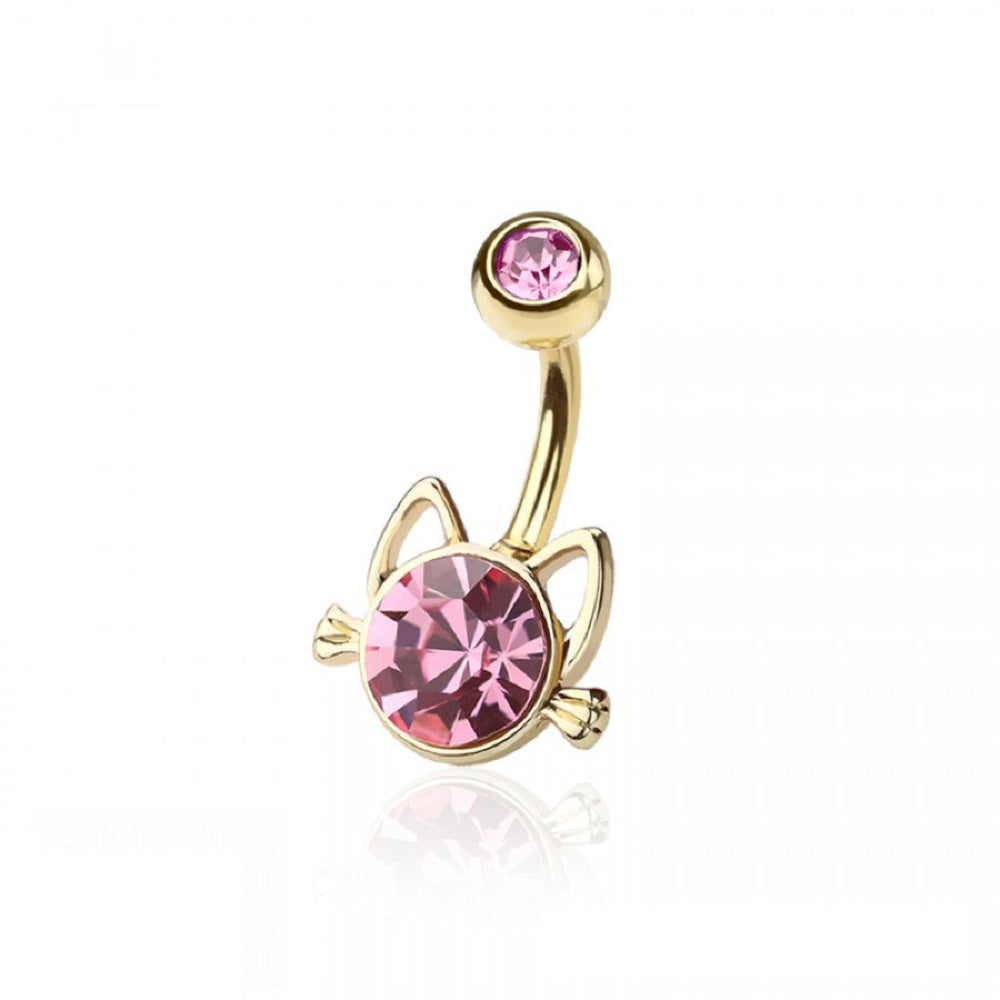CZ Crystal Cat Belly Button Ring - 316L Stainless Steel