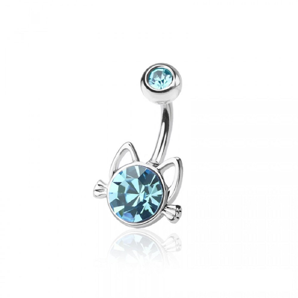 CZ Crystal Cat Belly Button Ring - 316L Stainless Steel