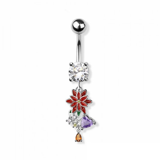 CZ Crystal Flower and Heart Dangling Belly Button Ring - 316L Stainless Steel