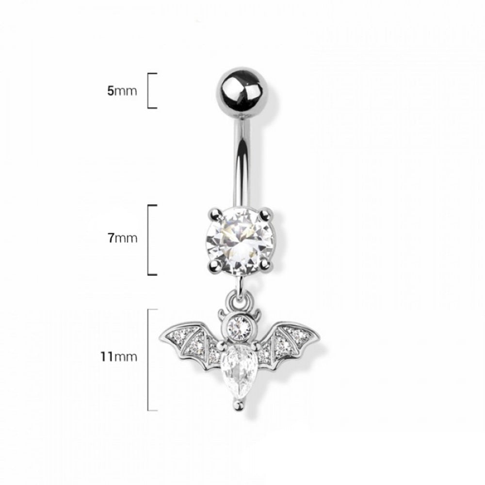 CZ Crystal Bat Dangling Belly Button Ring - 316L Stainless Steel