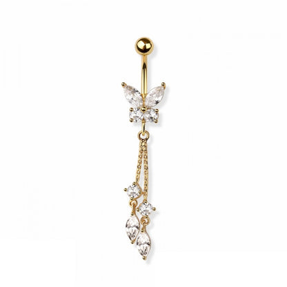 CZ Crystal Butterfly with Double Dangling Marquise Chains Belly Button Ring - 316L Stainless Steel