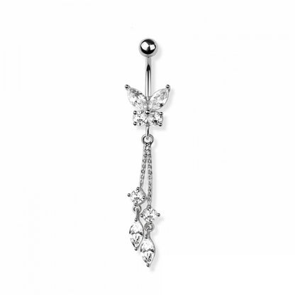 CZ Crystal Butterfly with Double Dangling Marquise Chains Belly Button Ring - 316L Stainless Steel