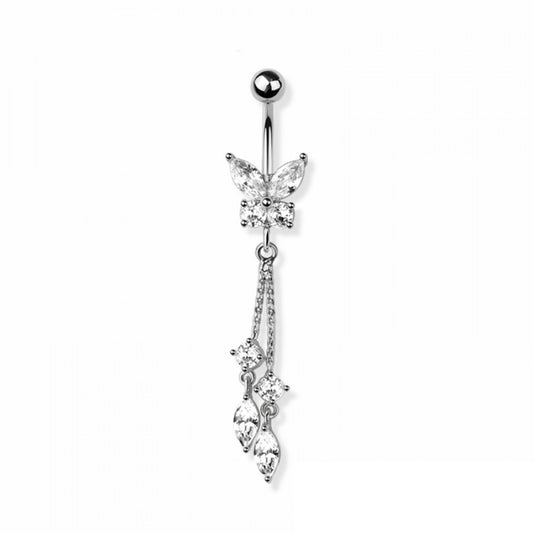 CZ Crystal Butterfly with Double Dangling Marquise Chains Belly Button Ring - 316L Stainless Steel